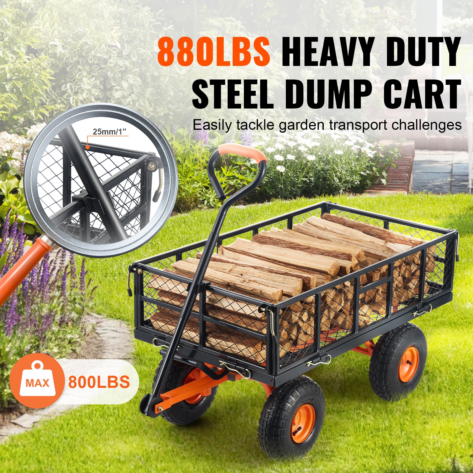 Garden Dump Cart With 2-in-1 Handle Heavy Duty Metal Wagon_voghion.com